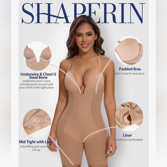 SHAPERIN Backless Shapewear Strapless Bodysuit Plunge Neckline - Picture 2 of 4